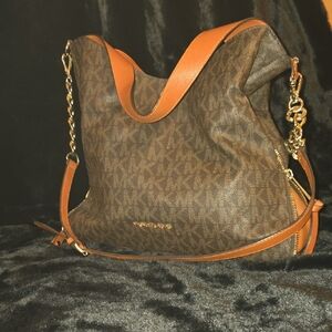 Michael Kors Brown Monogram Shoulder Bag with Gold Chain